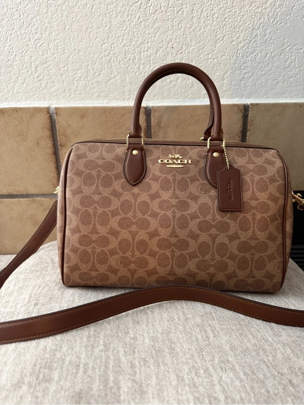 Coach Brown Signature Canvas Satchel with Top Handles